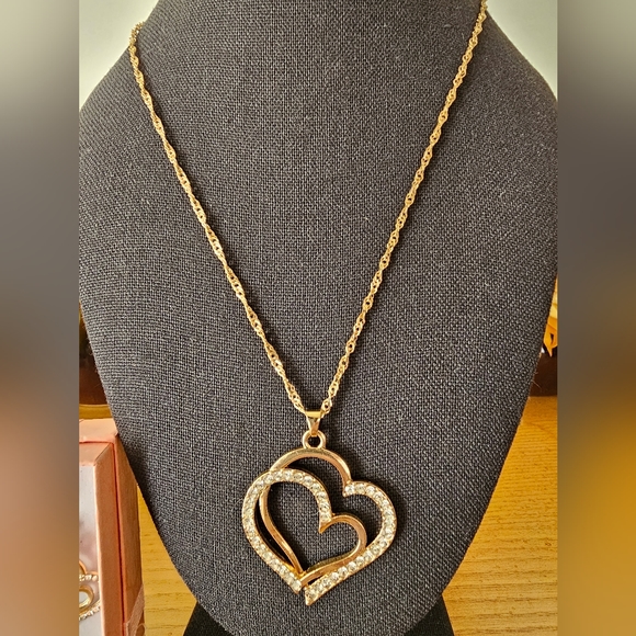 Gold and rhinestones matching Double heart necklace and earrings set. - Picture 2 of 7